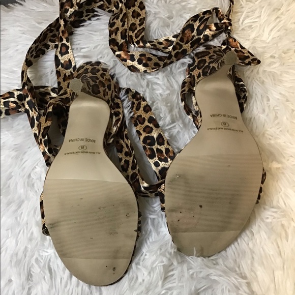 Ellie Leopard Print Tie-Up The Leg Sandals With Rhinestone Chain Detail - Picture 9 of 12